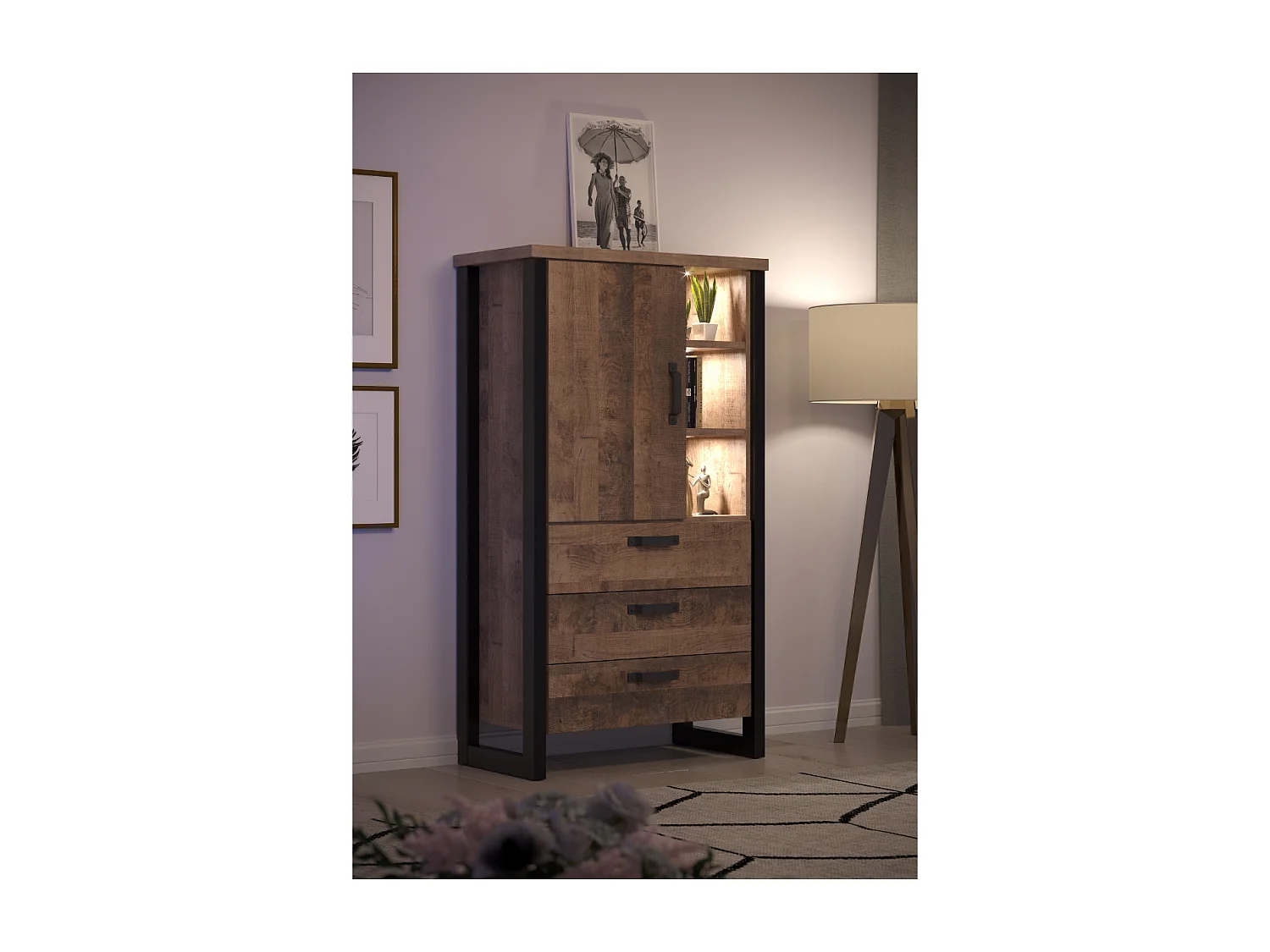 Buffet haut 1 porte, 3 tiroirs et 3 niches L87 cm - EMILE