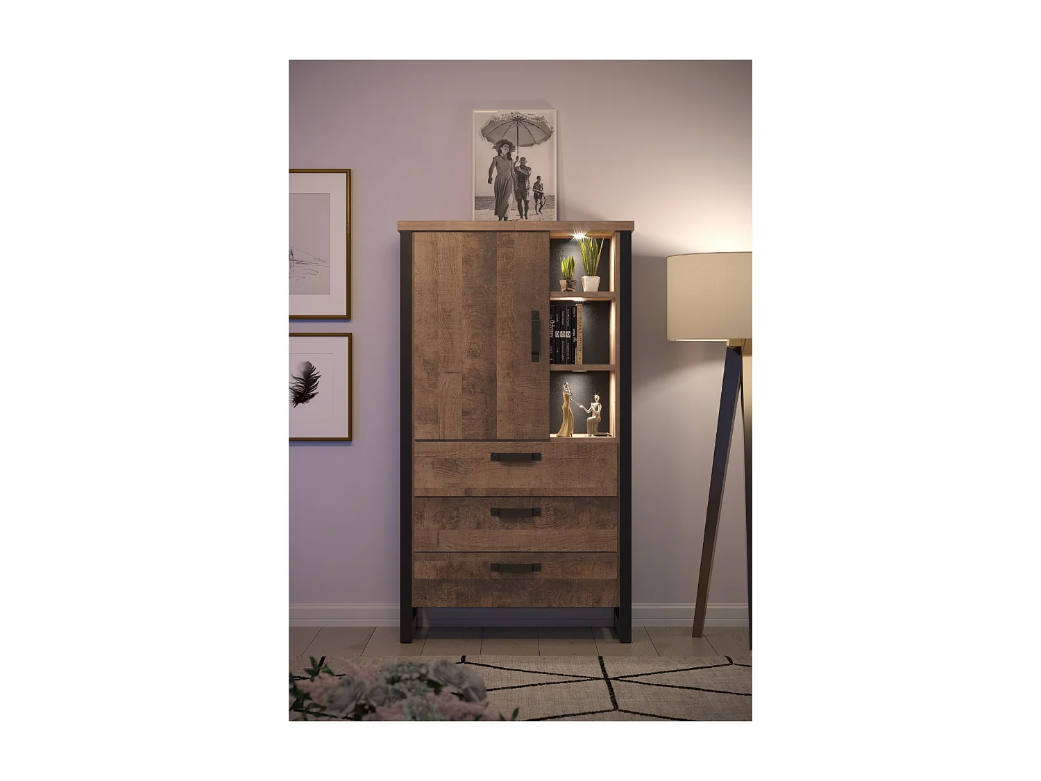 Buffet haut 1 porte, 3 tiroirs et 3 niches L87 cm - EMILE