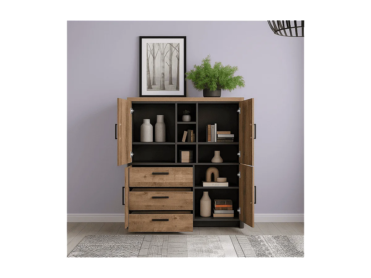 Grand buffet haut 3 portes, 3 tiroirs et 3 niches L138 cm - EMILE