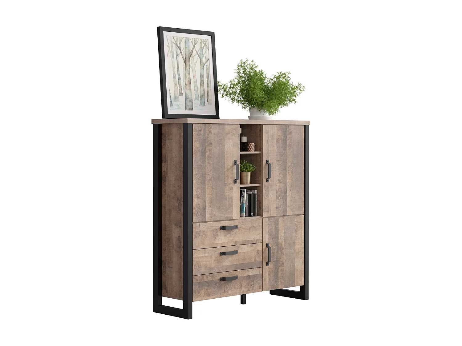 Grand buffet haut 3 portes, 3 tiroirs et 3 niches L138 cm - EMILE