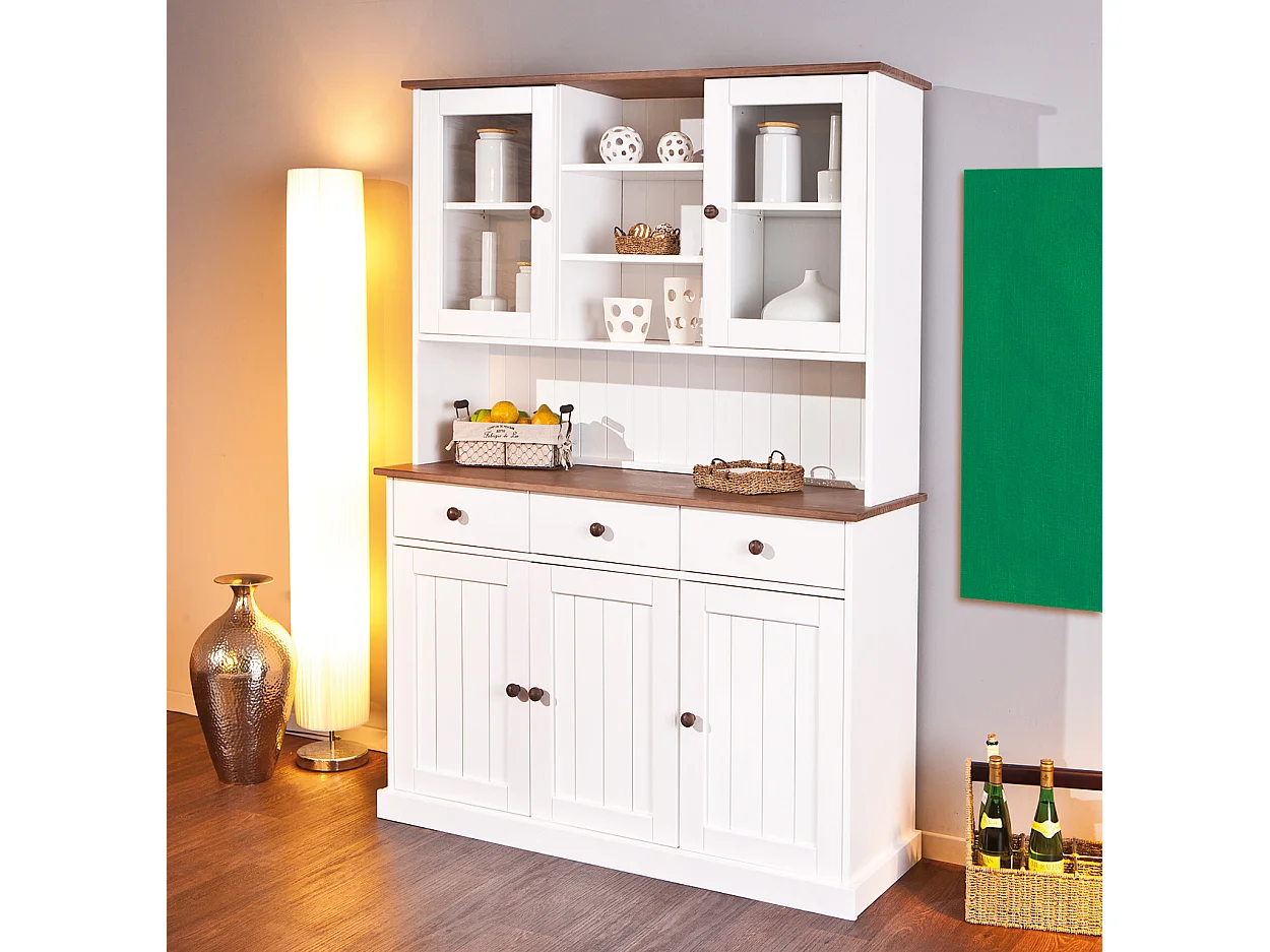 Wright Sideboard 3 Türen, 2 Glastüren, 3 Schubladen, 3 offene Fächer, weiss, braun.