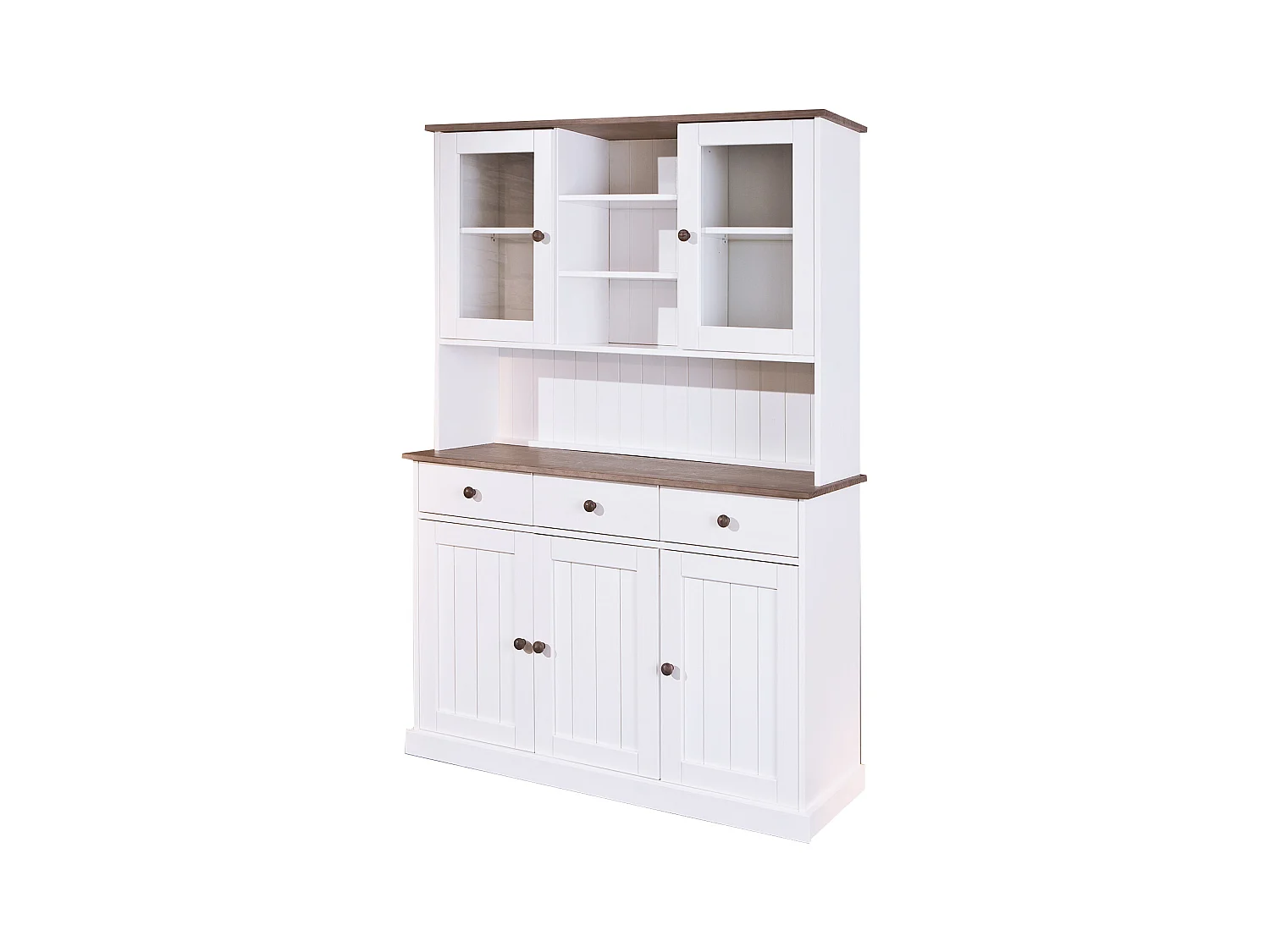 Wright dressoir 3 deuren, 2 glazen deuren, 3 lades, 3 open ruimtes wit, bruin.