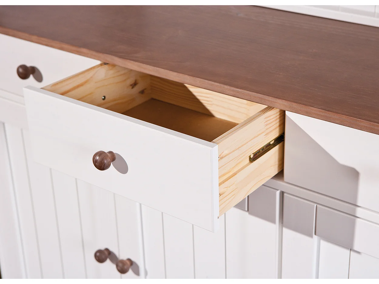 Wright Buffet 3 portes, 2 portes vitrées, 3 tiroirs, 3 espaces ouverts, blanc, marron.