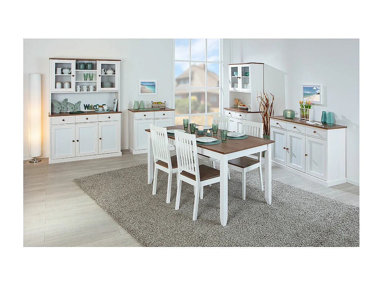 Wright Buffet 3 portes, 2 portes vitrées, 3 tiroirs, 3 espaces ouverts, blanc, marron.