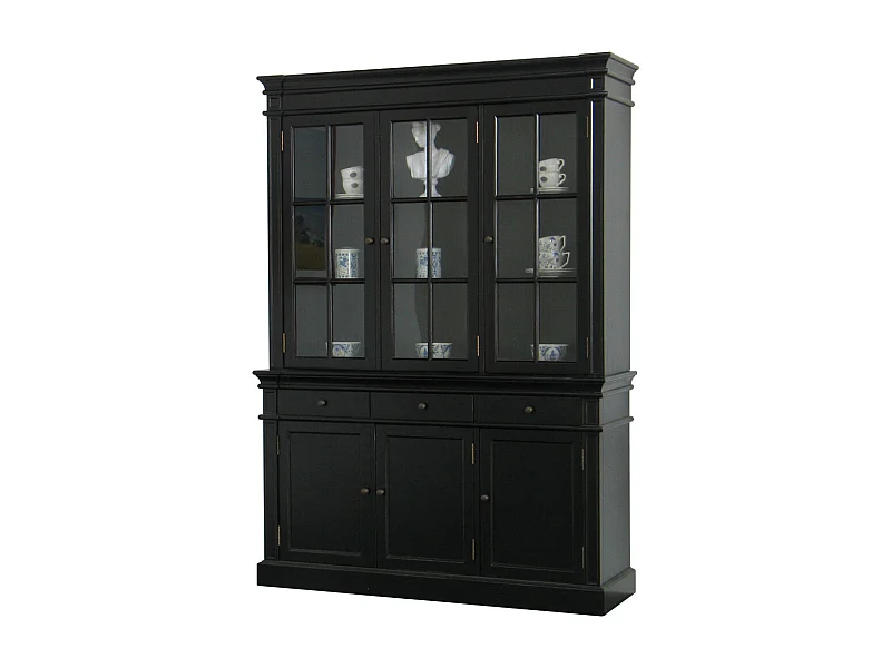 Amaretta 3-Türige Vitrine schwarz. Antik patiniert. Breite 142 cm, Höhe 200 cm.