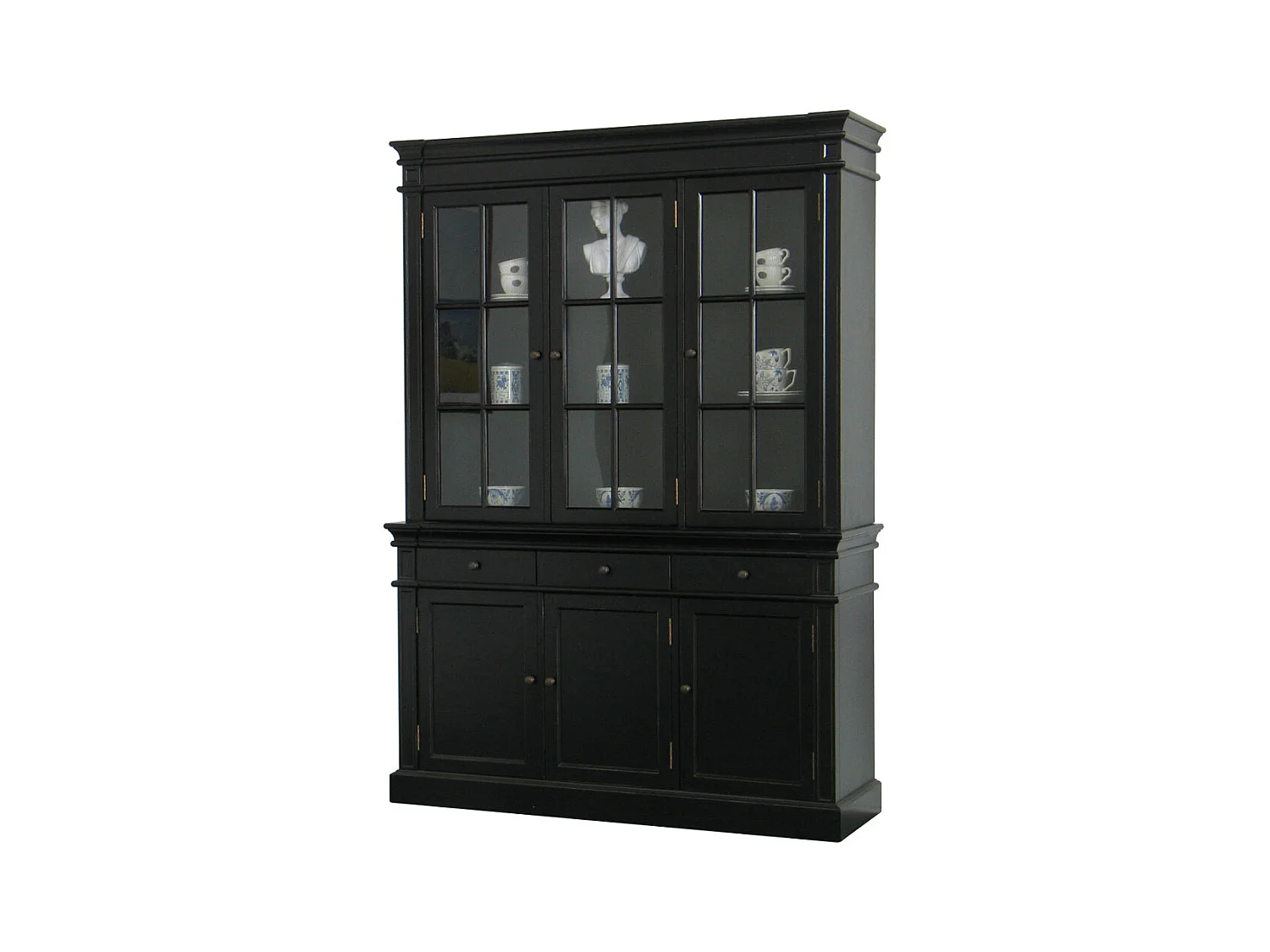 Amaretta Vitrine 3 portes, noir. Vintage patiné, largeur 142 cm, hauteur 200 cm.
