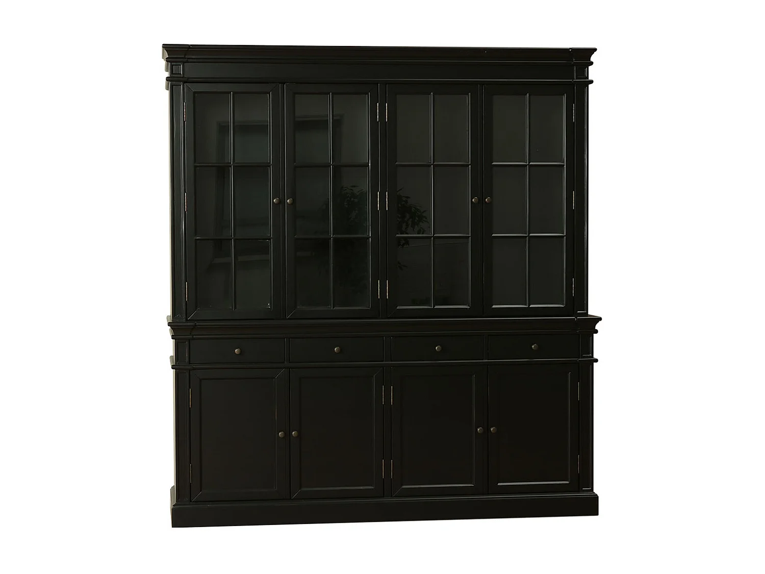 Amaretta Armoire Vitrine 4 portes, noir, vintage patiné, largeur 186 cm, hauteur 200 cm.