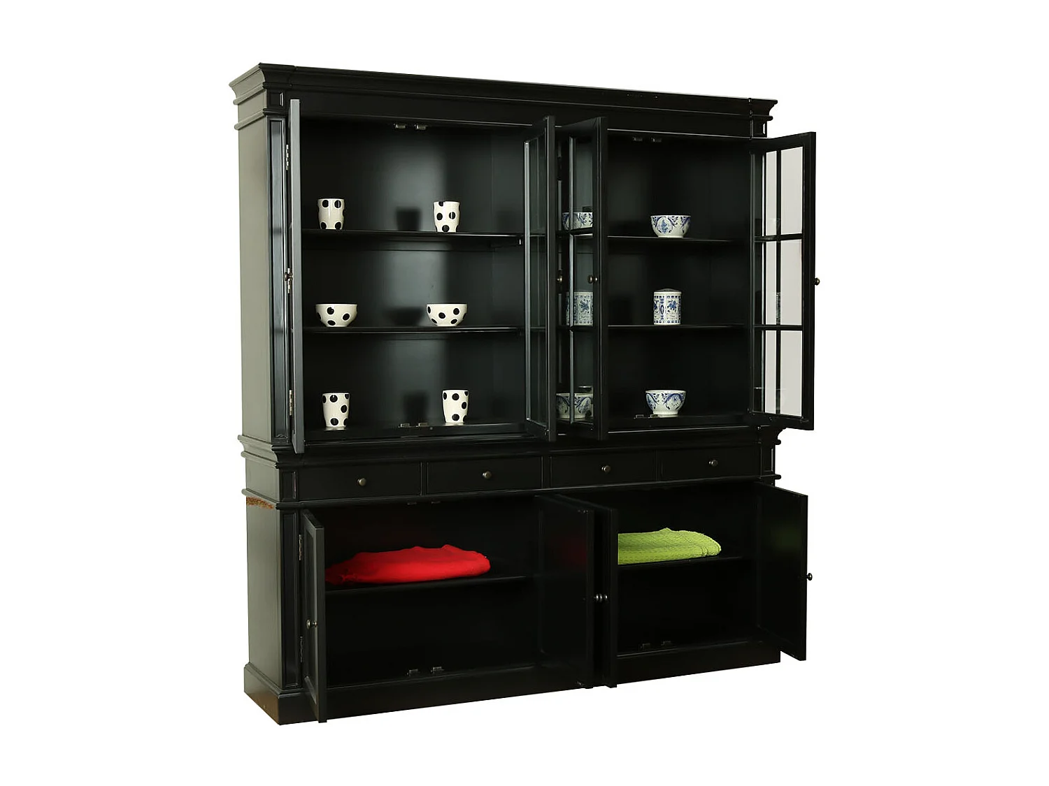 Amaretta Armoire Vitrine 4 portes, noir, vintage patiné, largeur 186 cm, hauteur 200 cm.