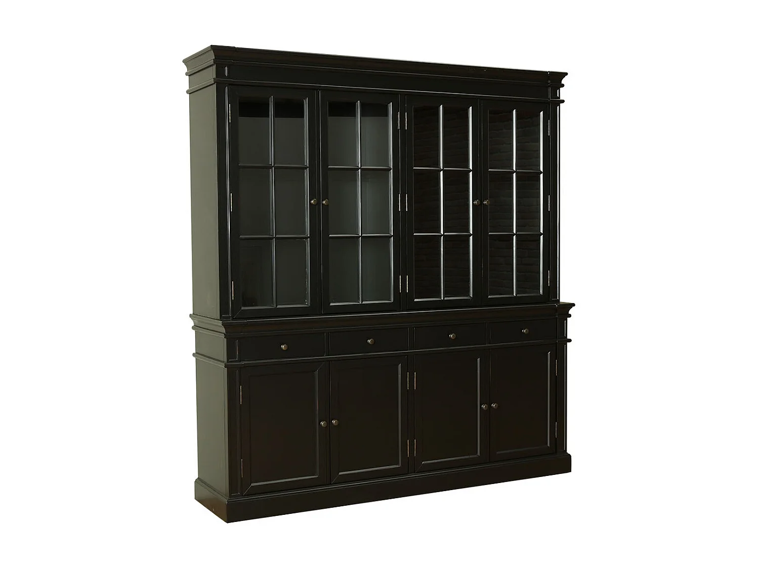 Amaretta Armoire Vitrine 4 portes, noir, vintage patiné, largeur 186 cm, hauteur 200 cm.