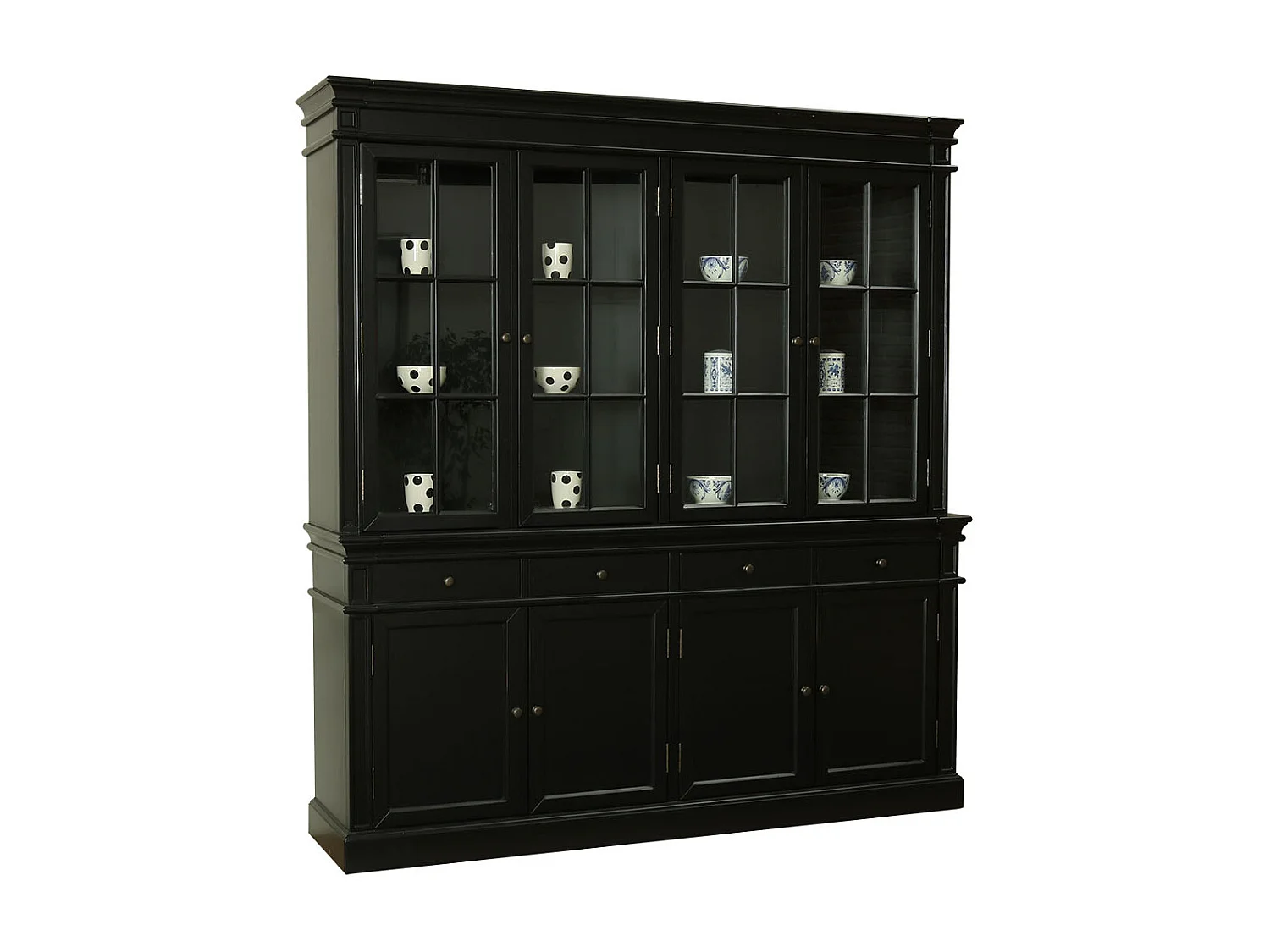 Amaretta Armoire Vitrine 4 portes, noir, vintage patiné, largeur 186 cm, hauteur 200 cm.