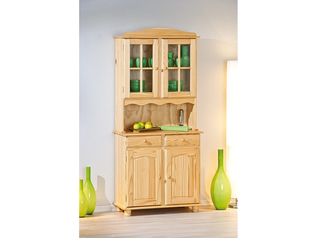 Alican Vitrine, 2 portes, 2 portes vitrées, 2 tiroirs, teinte naturelle.