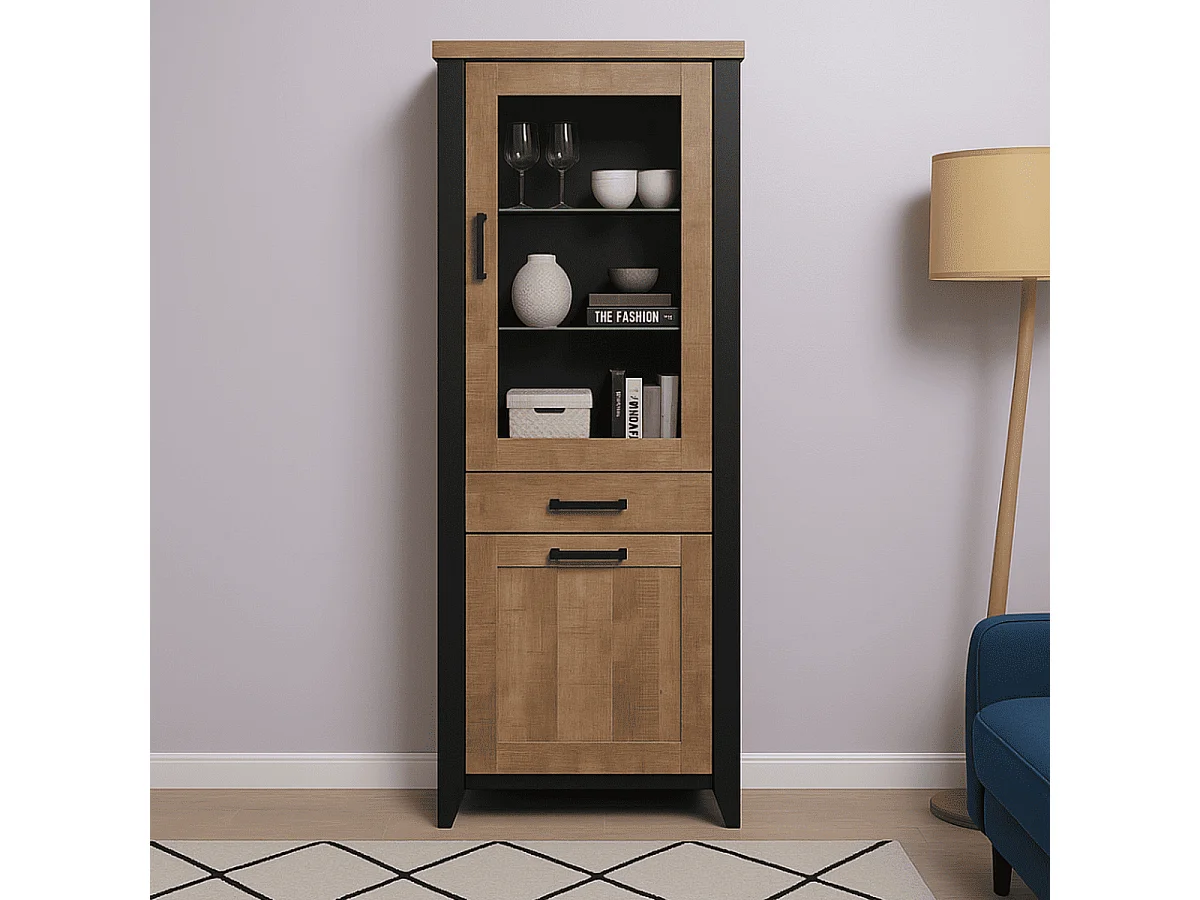 Vitrine 2 portes dont 1 avec verre trempé et 1 tiroir L70 cm - EMILE