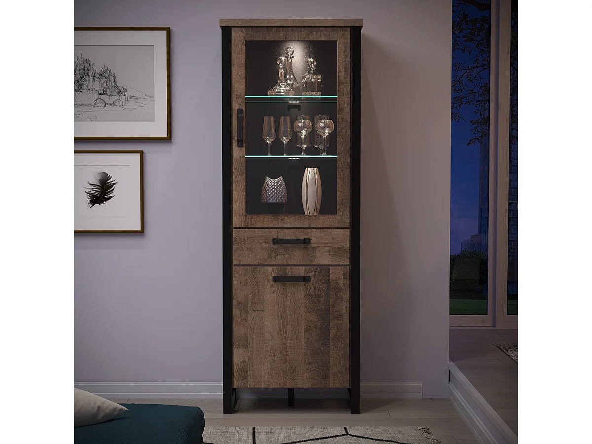 Vitrine 2 portes dont 1 avec verre trempé et 1 tiroir L70 cm - EMILE