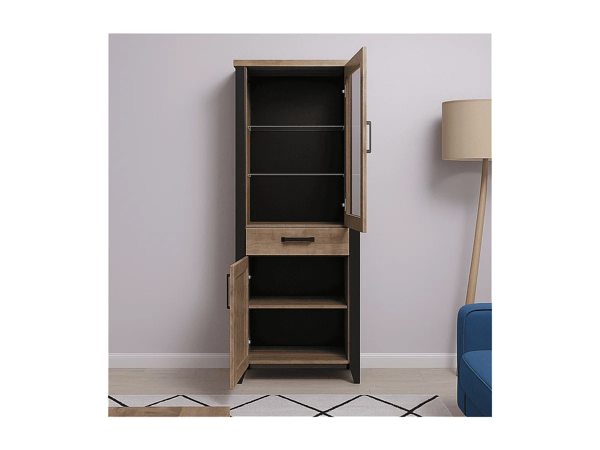 Vitrine 2 portes dont 1 avec verre trempé et 1 tiroir L70 cm - EMILE