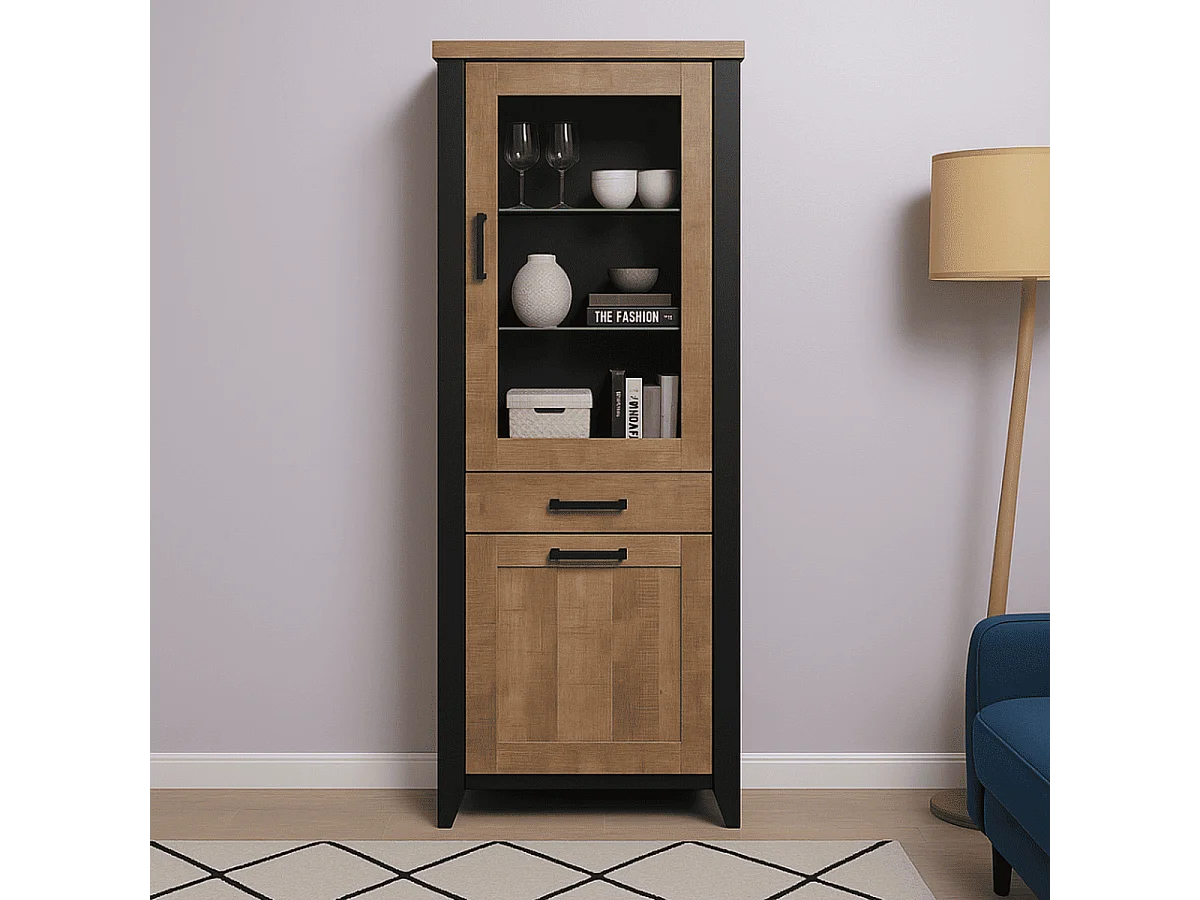 Vitrine 2 deuren 1 lade in MDF hout en zwart staal Adeline