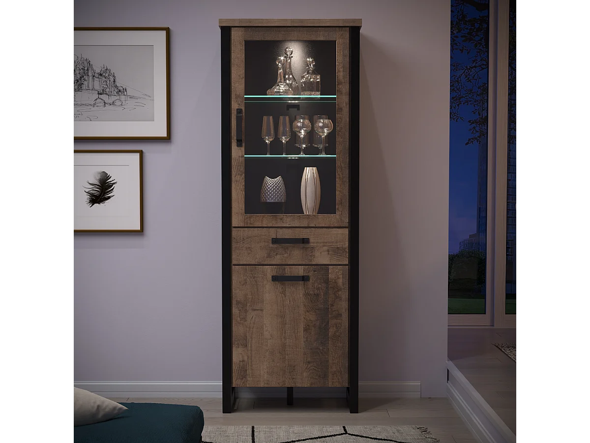 Vitrine 2 deuren 1 lade in MDF hout en zwart staal Adeline