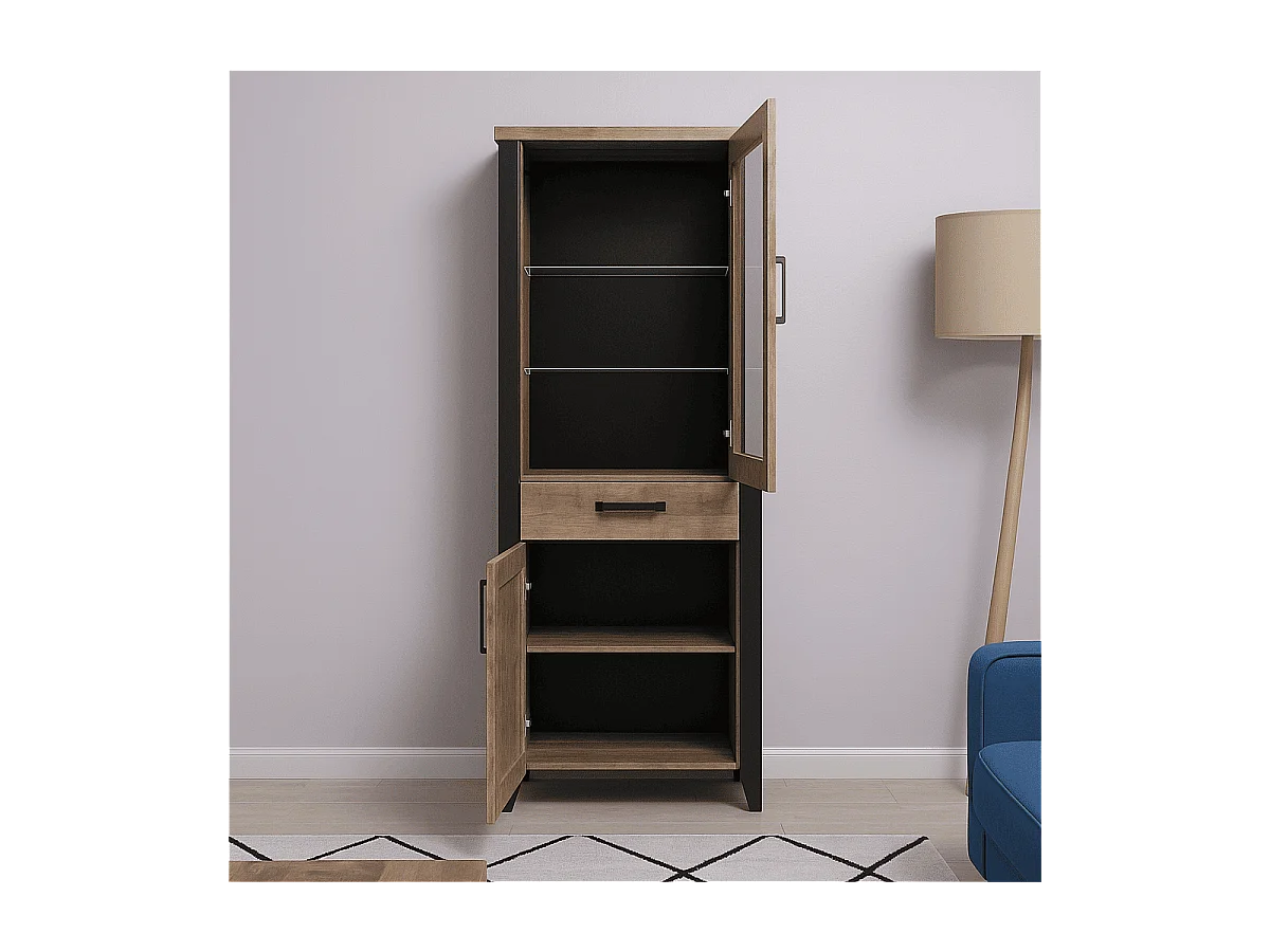 Vitrine 2 deuren 1 lade in MDF hout en zwart staal Adeline