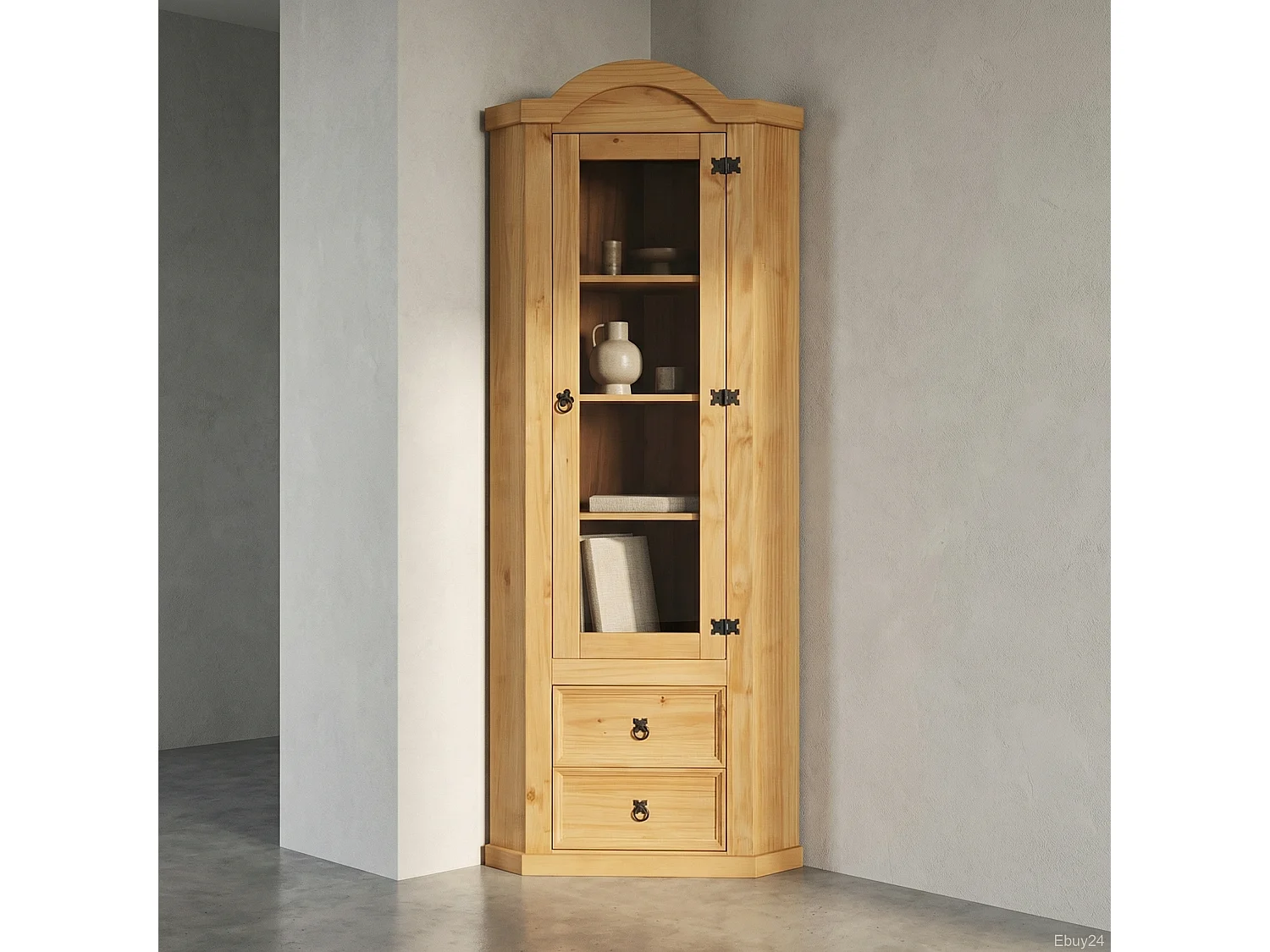 New Mexico Armoire d'angle avec 1 porte vitrée et 2 tiroirs, délavé et ciré.