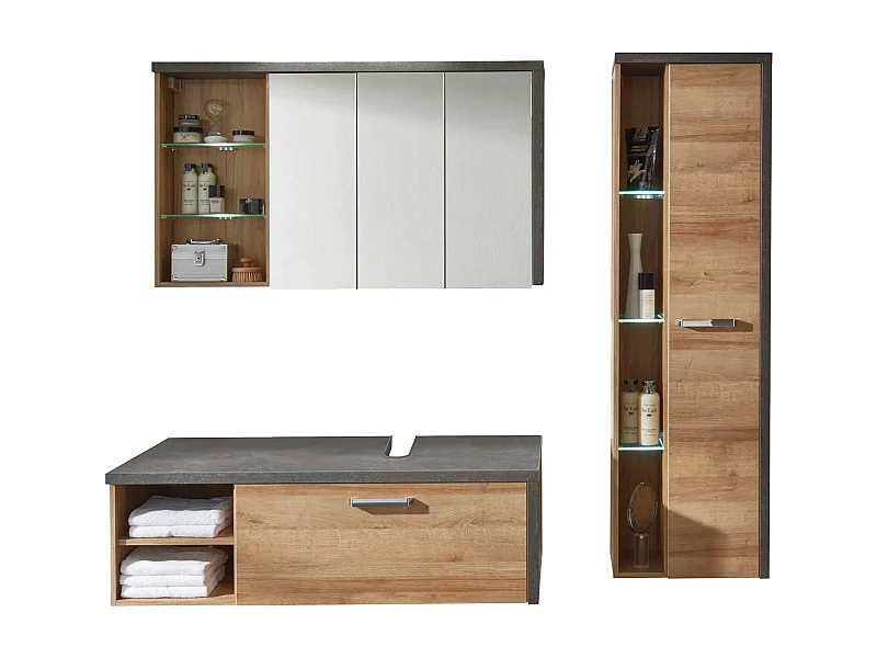 Ensemble meuble salle de bain 3 pièces gris béton et chêne Riviera miel Babel 186cm