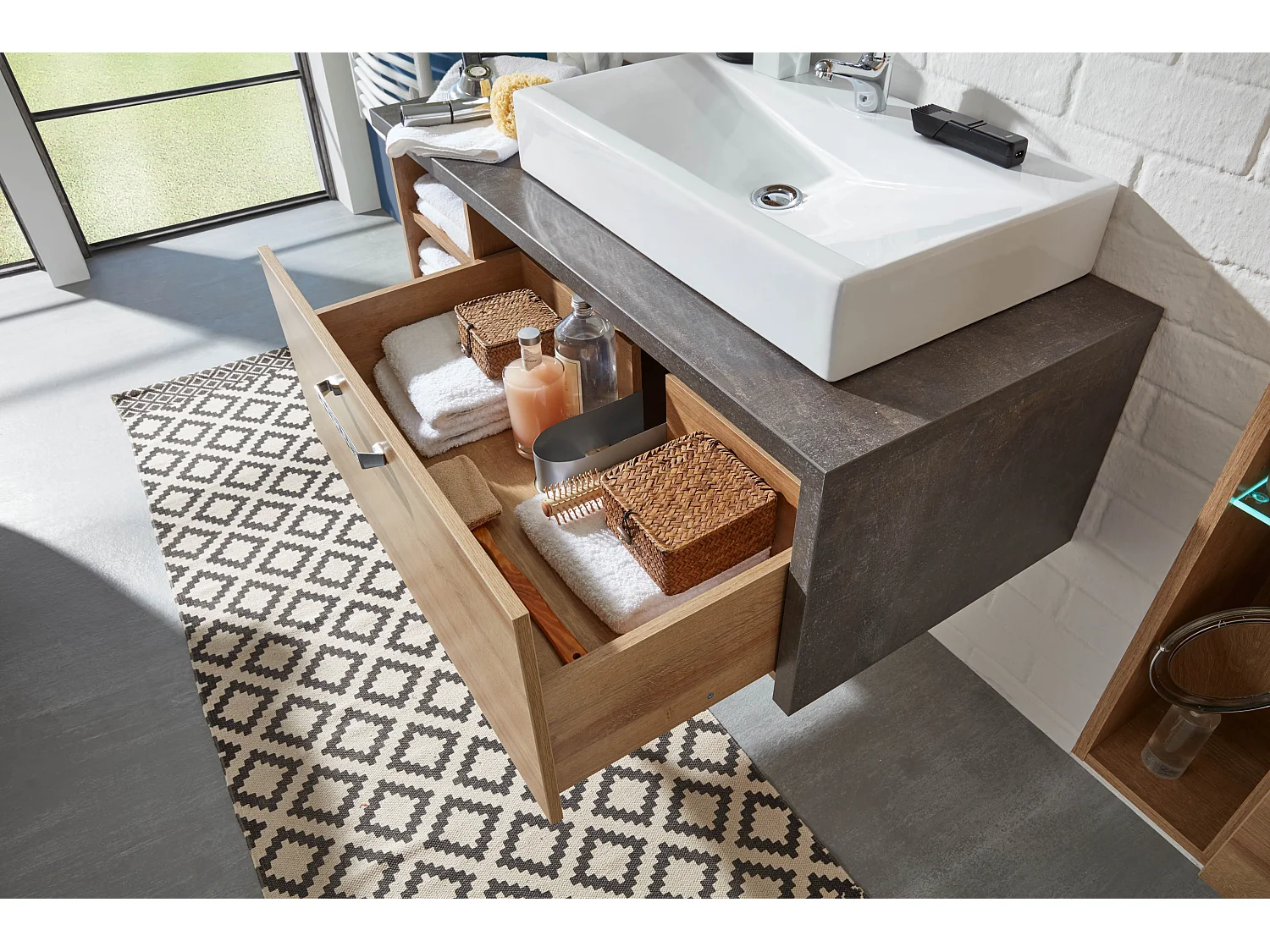 Ensemble meuble salle de bain 3 pièces gris béton et chêne Riviera miel Babel 186cm