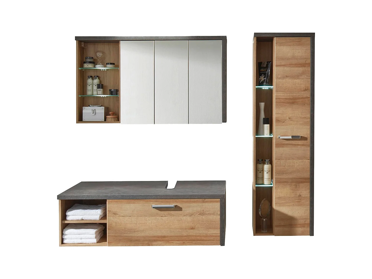 Ensemble meuble salle de bain 3 pièces gris béton et chêne Riviera miel Babel 186cm