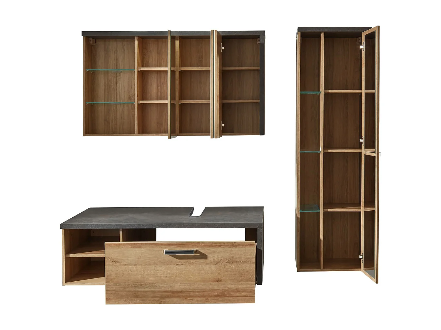 Ensemble meuble salle de bain 3 pièces gris béton et chêne Riviera miel Babel 186cm