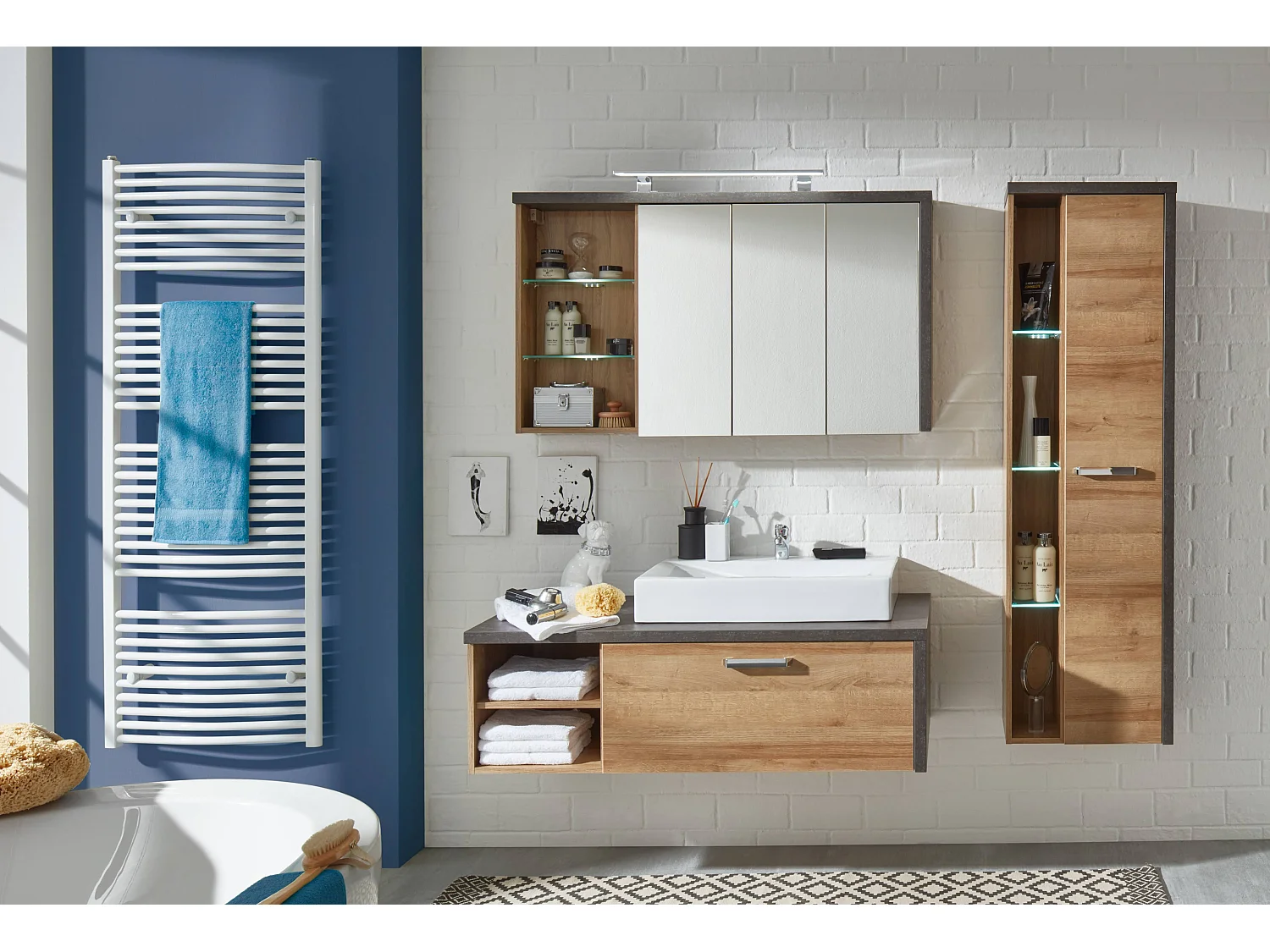 Ensemble meuble salle de bain 3 pièces gris béton et chêne Riviera miel Babel 186cm