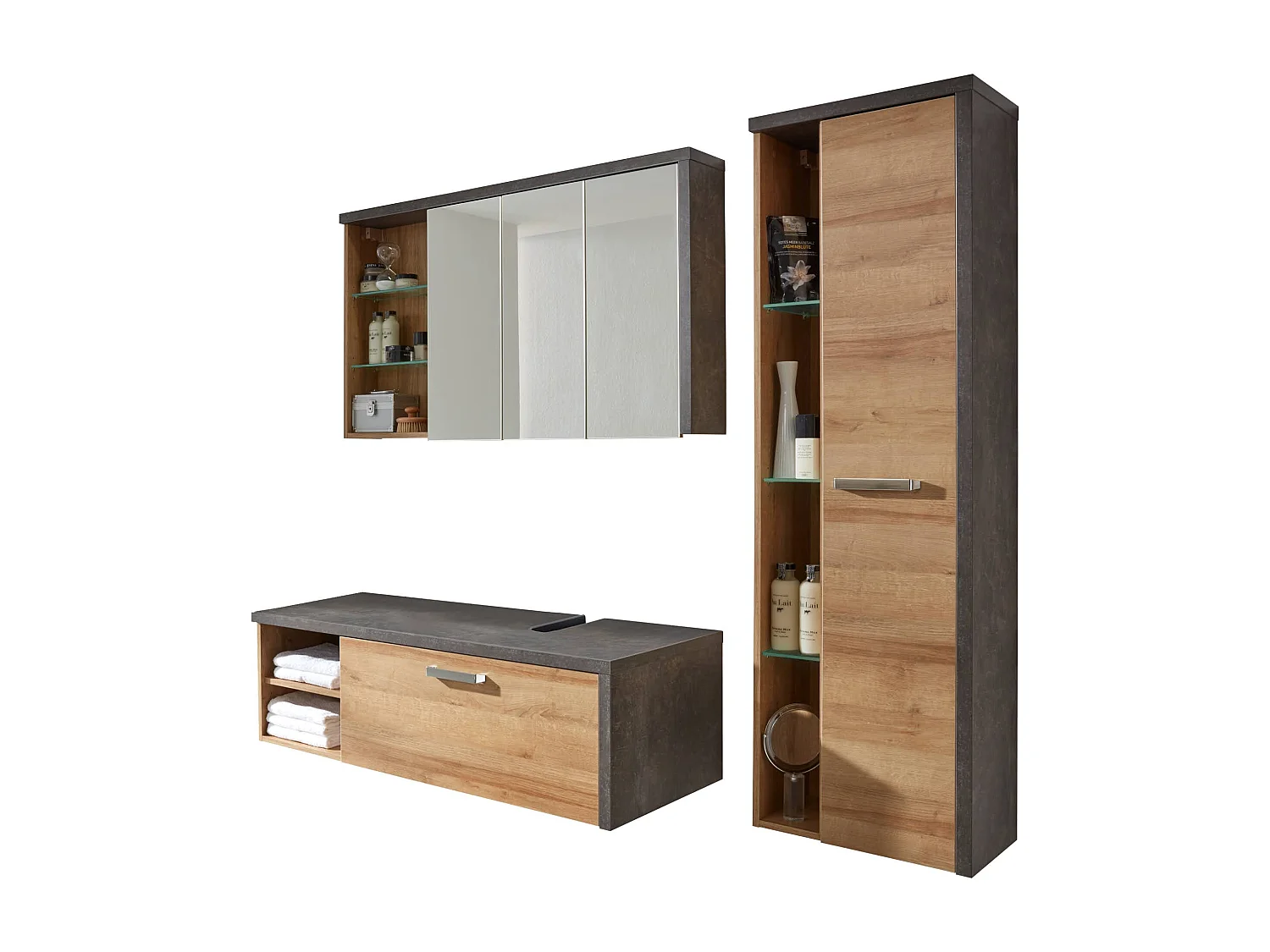 Ensemble meuble salle de bain 3 pièces gris béton et chêne Riviera miel Babel 186cm