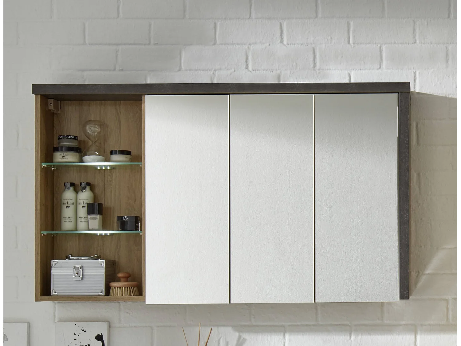 Ensemble meuble salle de bain 3 pièces gris béton et chêne Riviera miel Babel 186cm