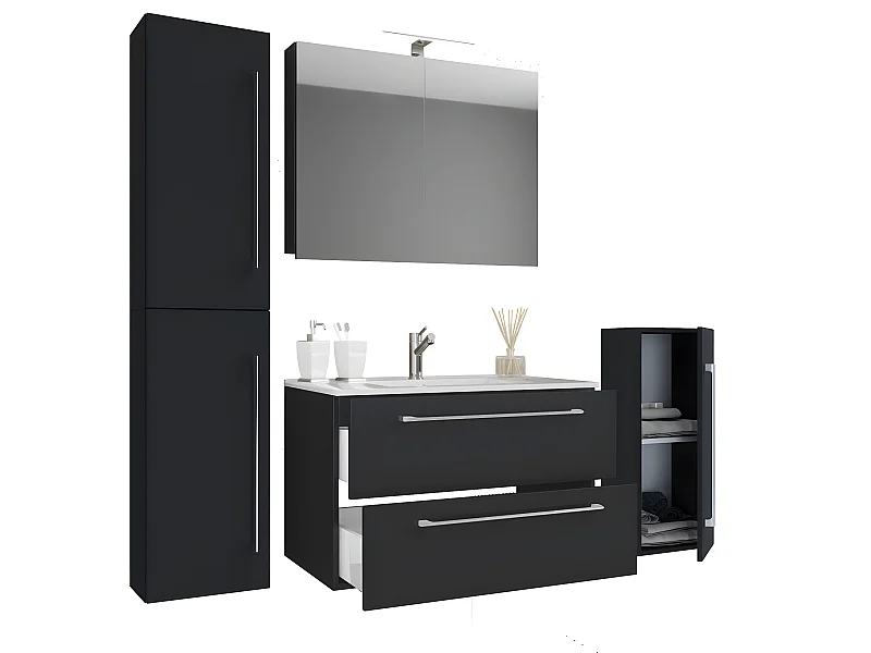Badinos Badmöbel-Sets A 80 cm, Spiegelschrank Schwarz.