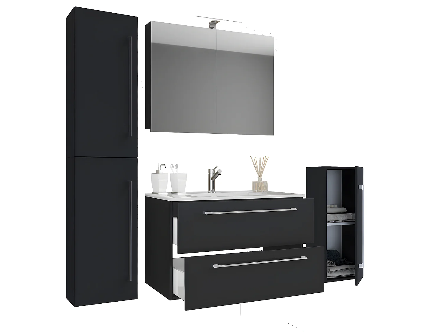 Badinos Ensemble de meubles de salle de bains A 80 cm, armoire de toilette, noir.