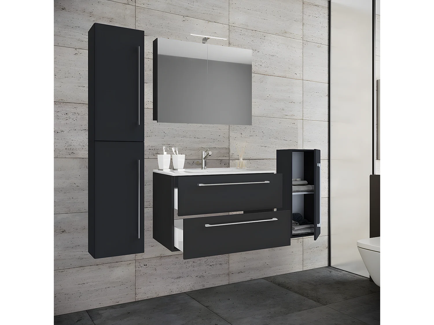 Badinos Ensemble de meubles de salle de bains A 80 cm, armoire de toilette, noir.