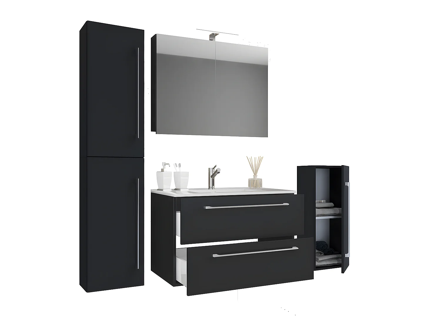 Badinos Badmöbel-Sets A 80 cm, Spiegelschrank Schwarz.