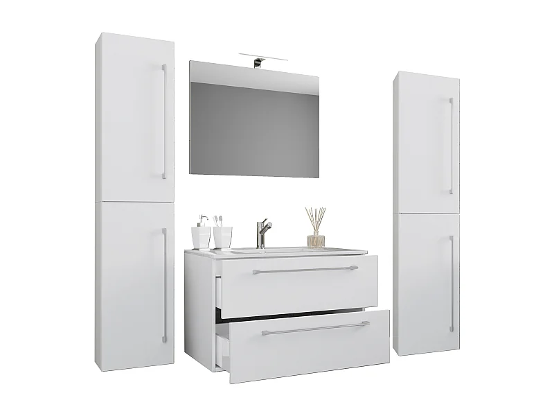 VCM 5pcs Lavatório | lavatório menor largura do armário 60 cm | mobília do banheiro conjunto com gavetas espelho de portas giratórias | Badinos (Branco)