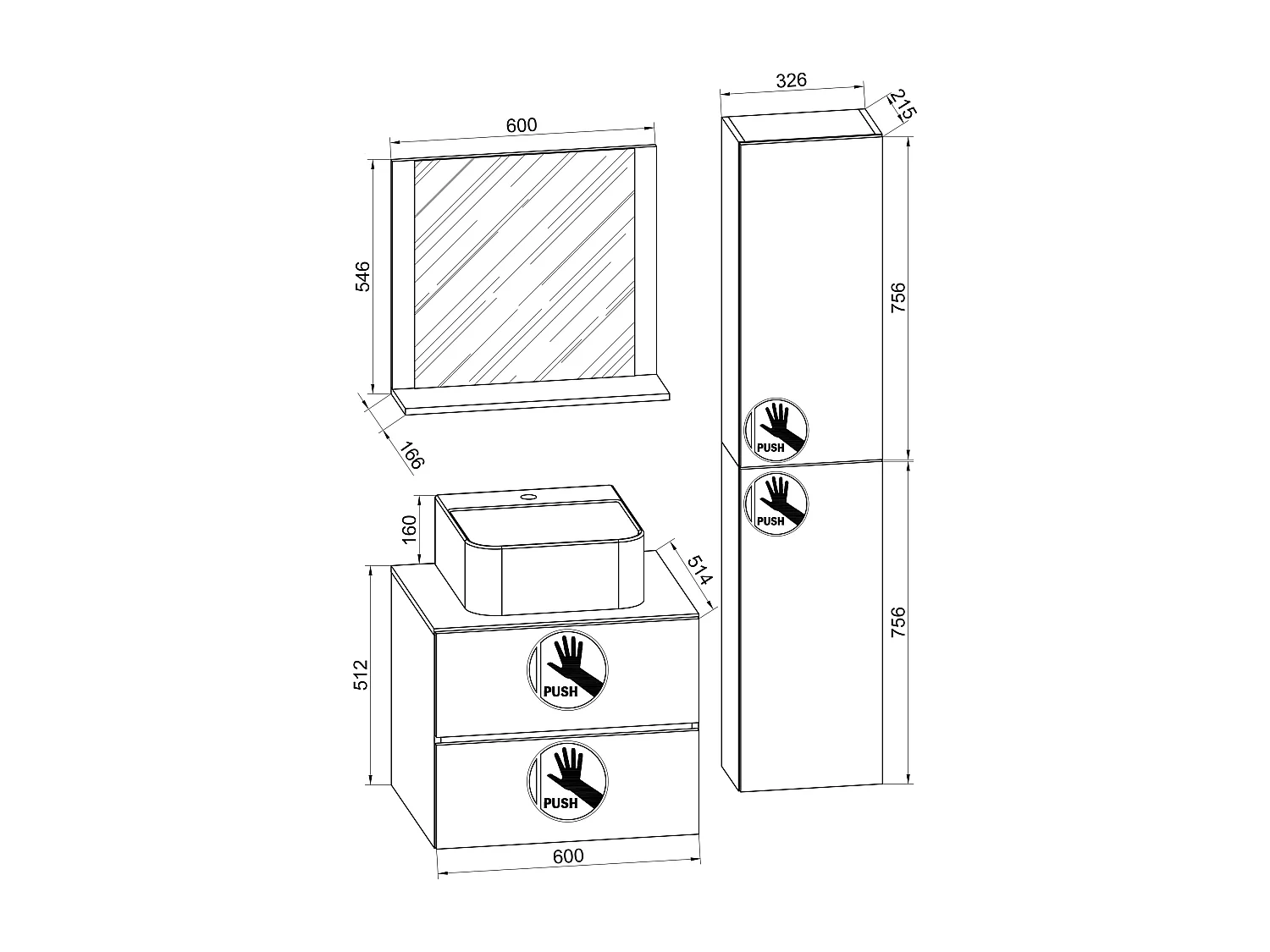 VCM 4 pcs Lavatório | lavatório com largura inferior 80 cm | Mobiliário para casa de banho com gavetas espelho de portas giratórias | Lendas L (Branco)