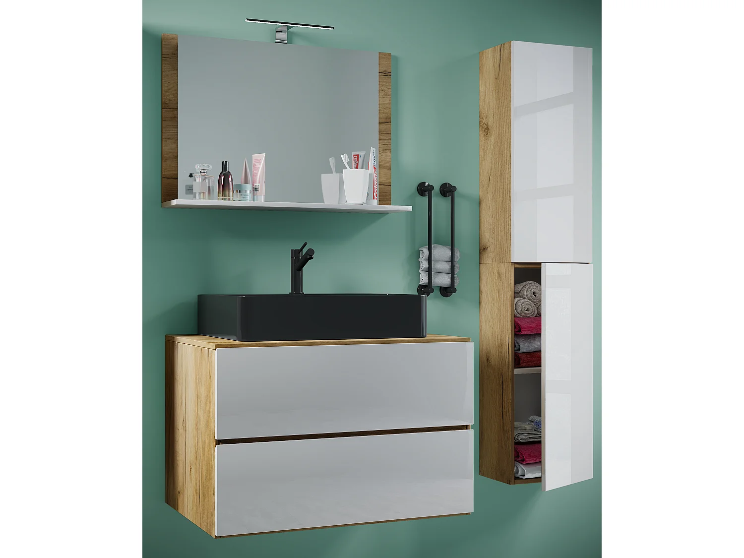 Bathroom furniture washbasin Lendas Honey oak / White H. 150 x W. 80 x D. 51 cm