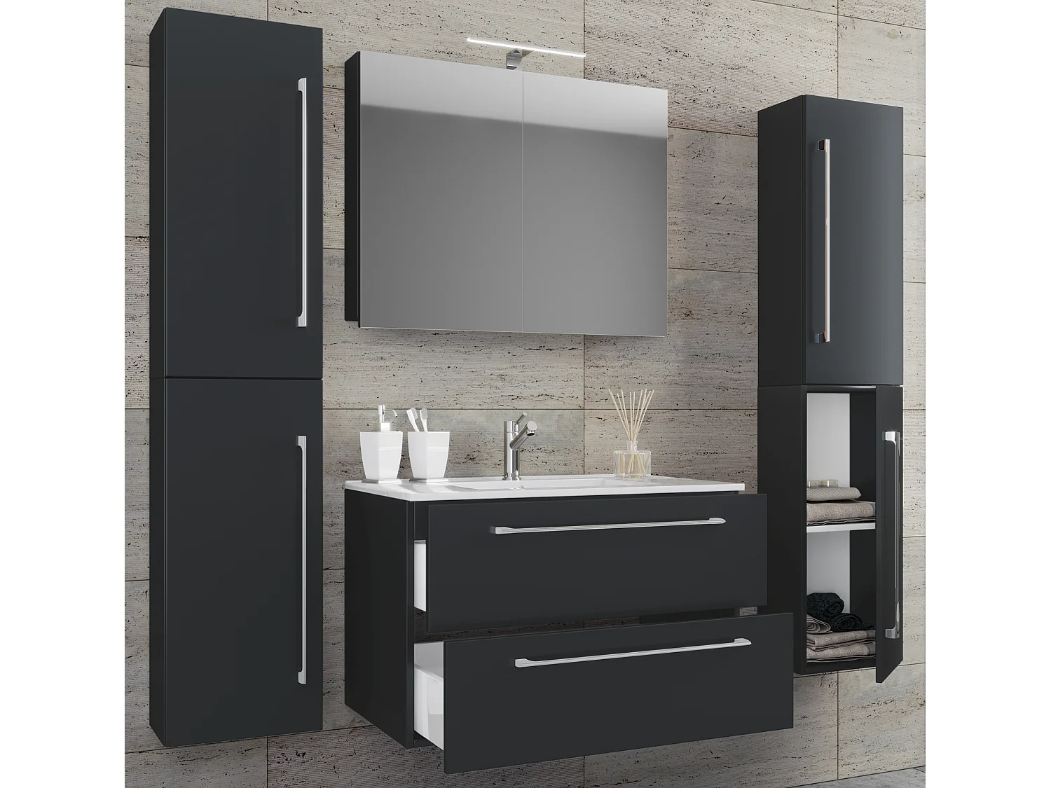 VCM 5pcs Lavatório | lavatório menor largura do armário 80 cm | Móveis de casa de banho com gavetas Portas rotativas Gabinete de espelho | Badinos (Preto)