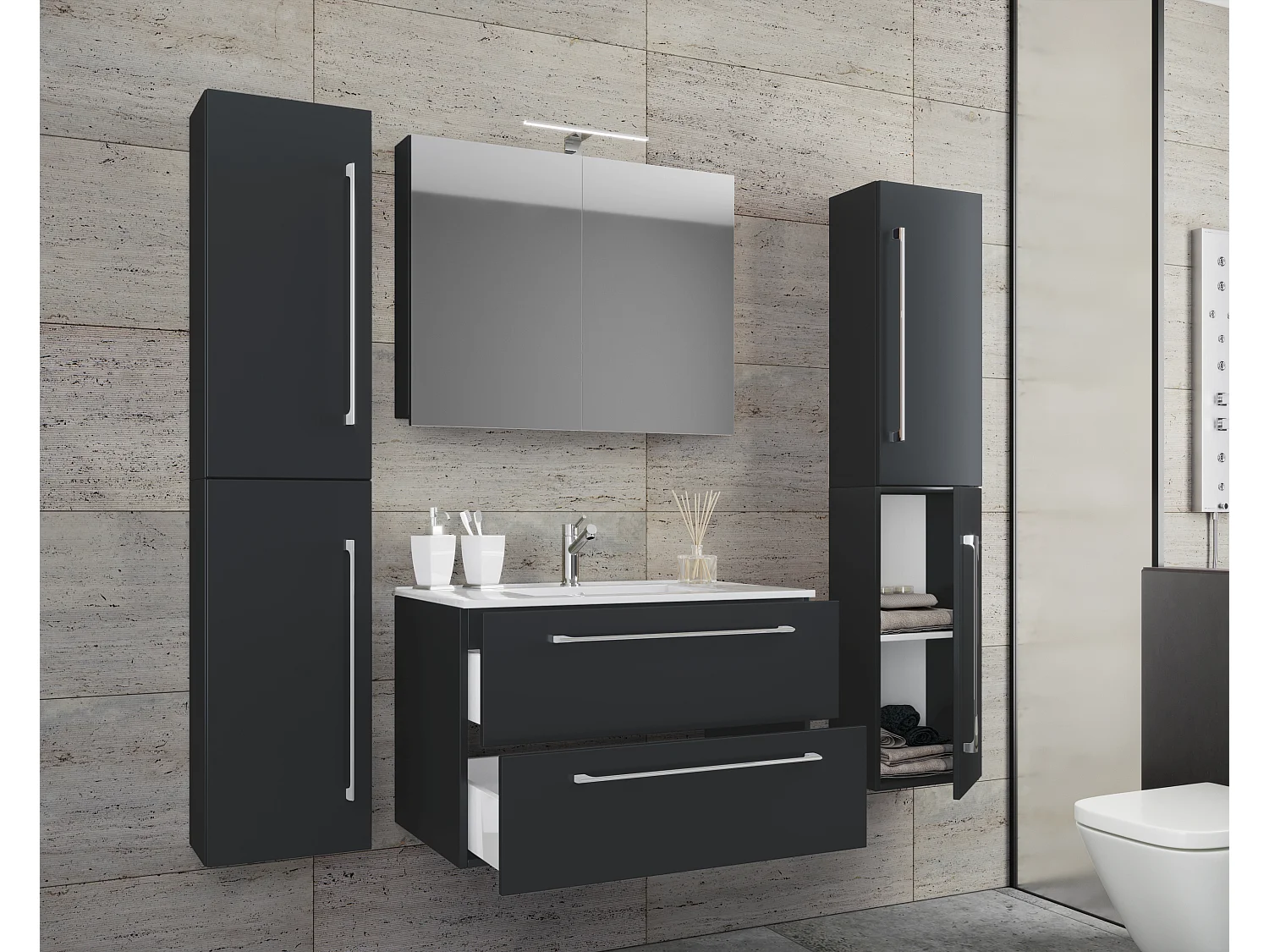 VCM 5pcs Lavatório | lavatório menor largura do armário 80 cm | Móveis de casa de banho com gavetas Portas rotativas Gabinete de espelho | Badinos (Preto)