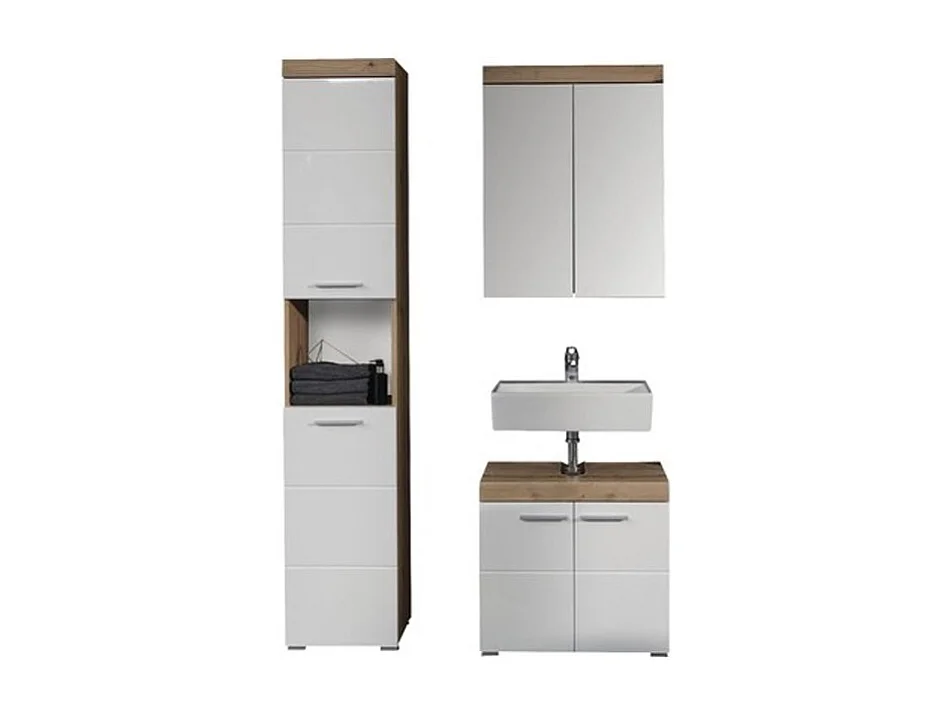 Ensemble meuble de salle de bain avec miroir 3 pièces laqué blanc chêne noueux Kelia