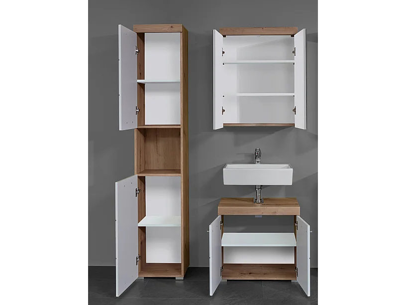Ensemble meuble de salle de bain avec miroir 3 pièces laqué blanc chêne noueux Kelia
