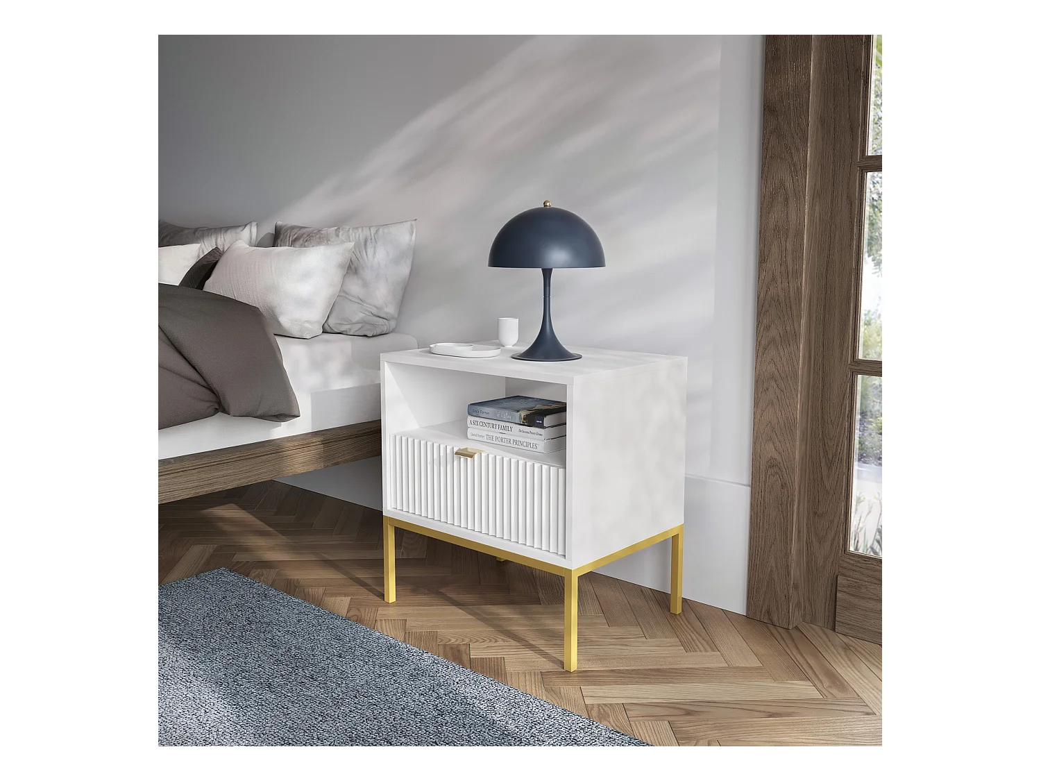 Table de chevet - 54 cm - blanc avec pieds dorés - VELLORE