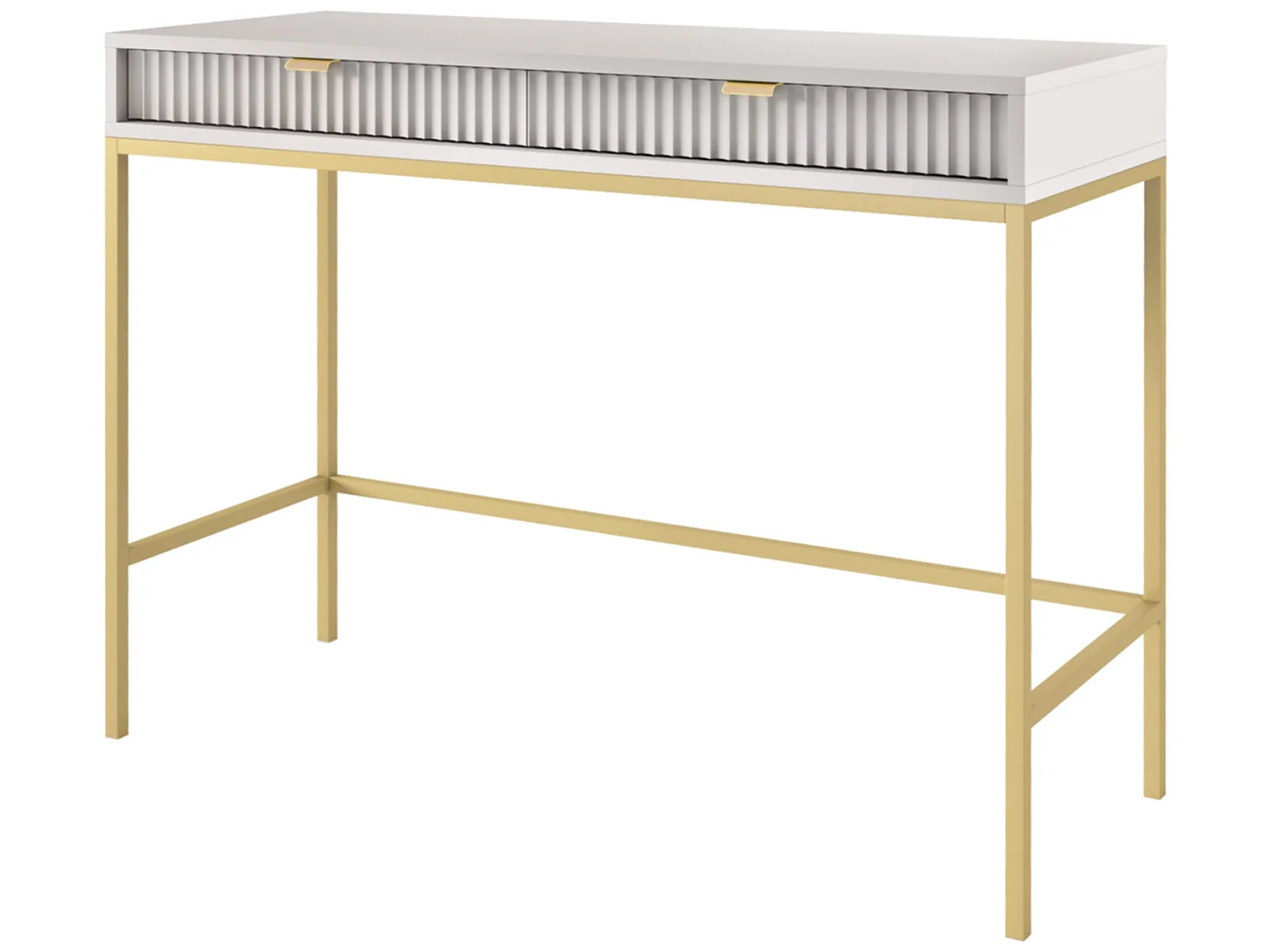 Schminktisch Schreibtisch mit Schubladen - 104 cm - Weiß mit geriffelten Fronten und goldenen Metallbeinen - VELLORE