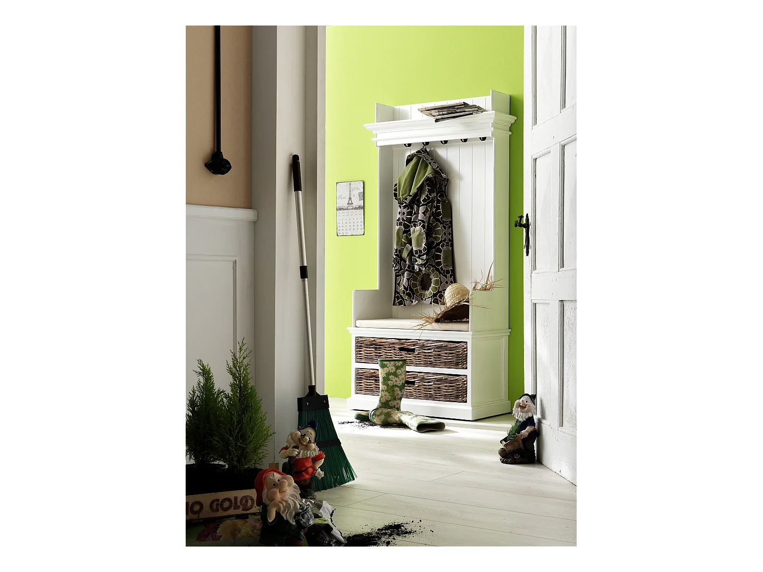 Halifax Meuble d'entrée/vestiaire/portemanteau avec patère, banc, étagère et 2 tiroirs, blanc.