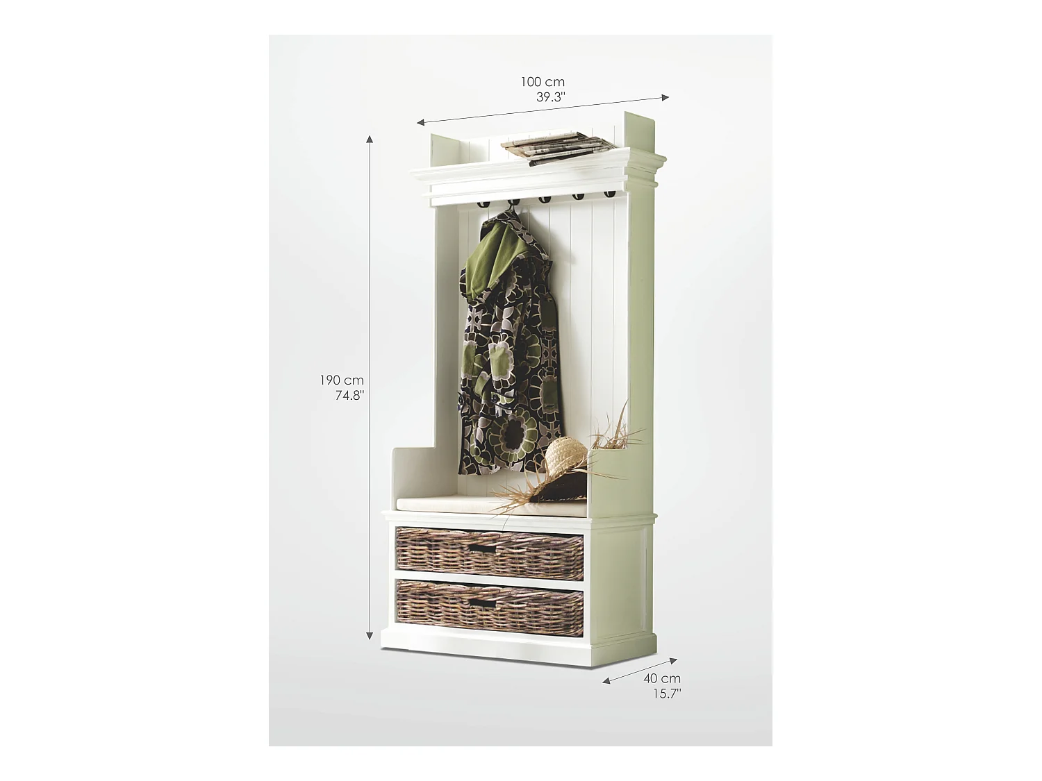 Halifax Meuble d'entrée/vestiaire/portemanteau avec patère, banc, étagère et 2 tiroirs, blanc.