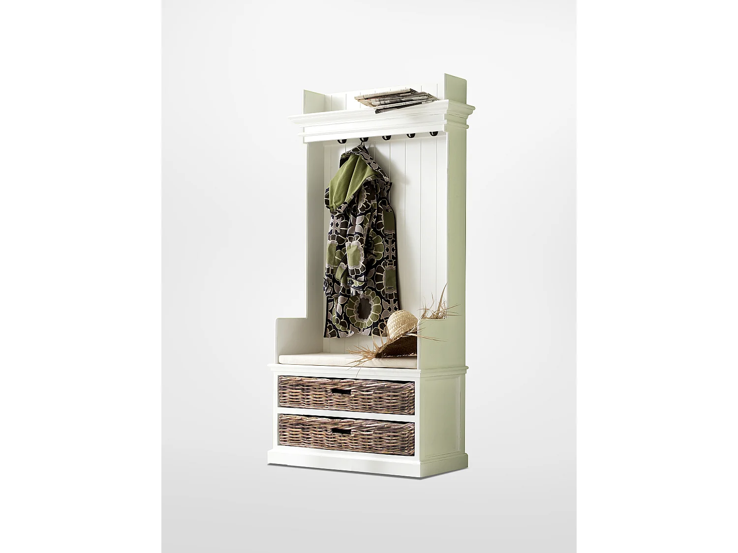 Halifax Meuble d'entrée/vestiaire/portemanteau avec patère, banc, étagère et 2 tiroirs, blanc.