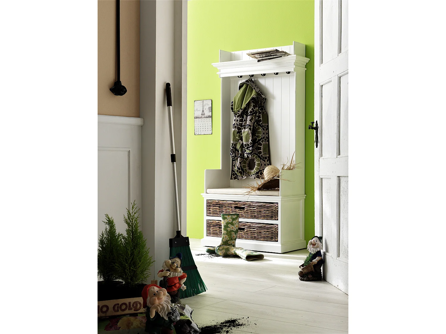 Halifax Meuble d'entrée/vestiaire/portemanteau avec patère, banc, étagère et 2 tiroirs, blanc.