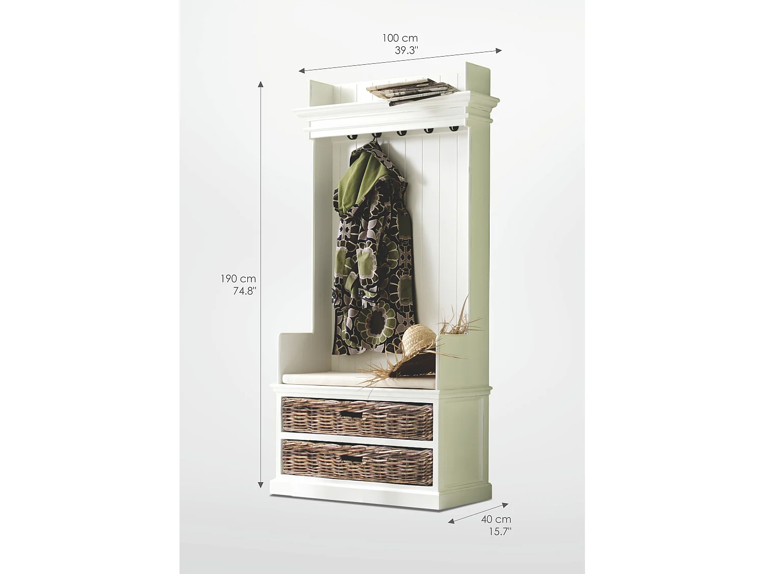 Halifax Meuble d'entrée/vestiaire/portemanteau avec patère, banc, étagère et 2 tiroirs, blanc.