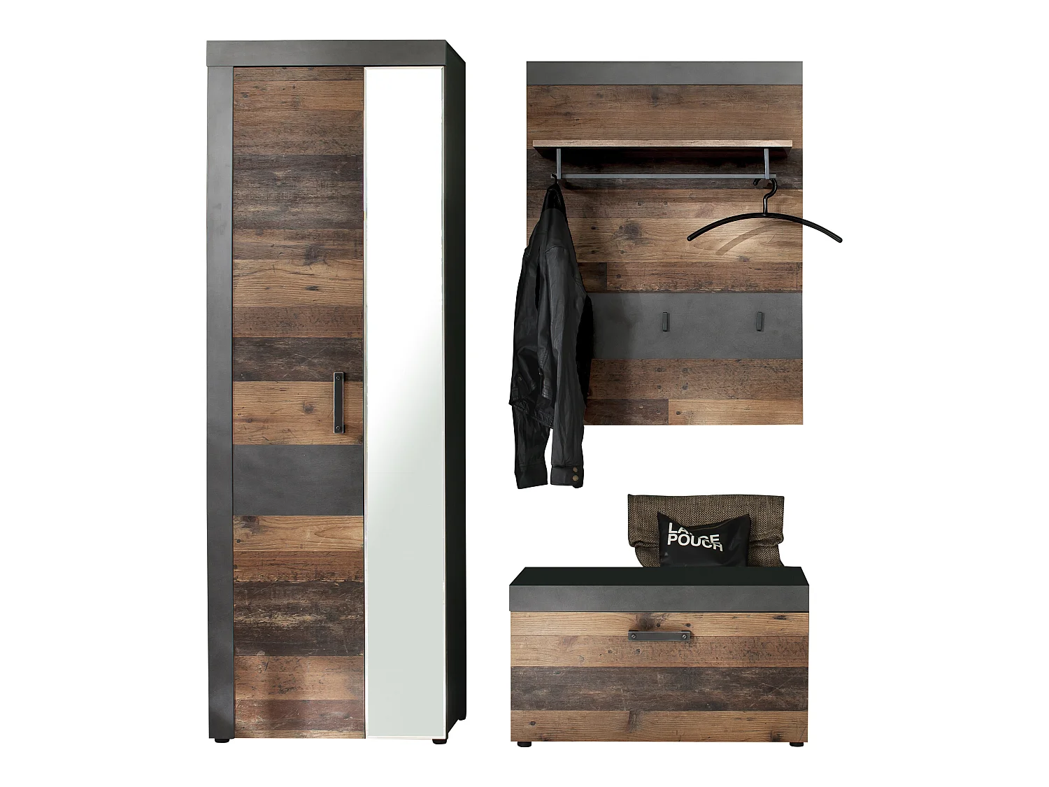 Irwin  garderobe opstelling B, grijs Matera decor, Old Wood decor.