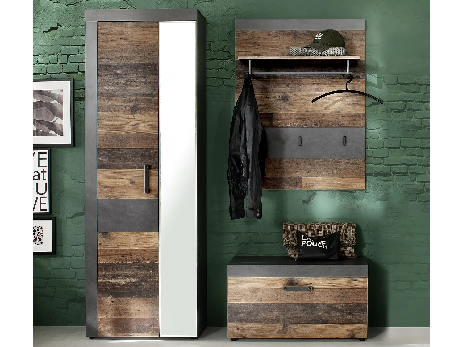 Irwin  garderobe opstelling B, grijs Matera decor, Old Wood decor.