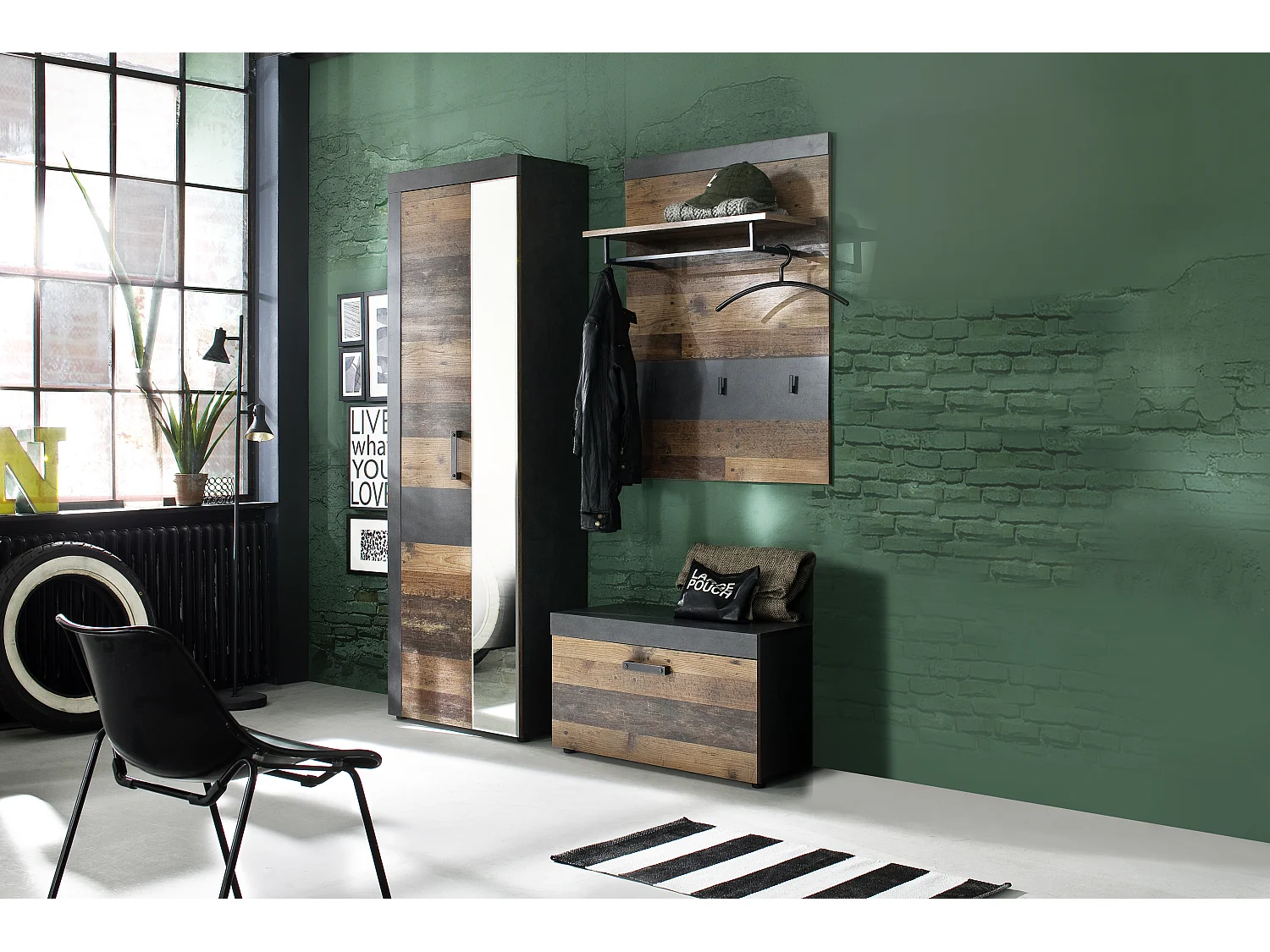 Irwin  garderobe opstelling B, grijs Matera decor, Old Wood decor.